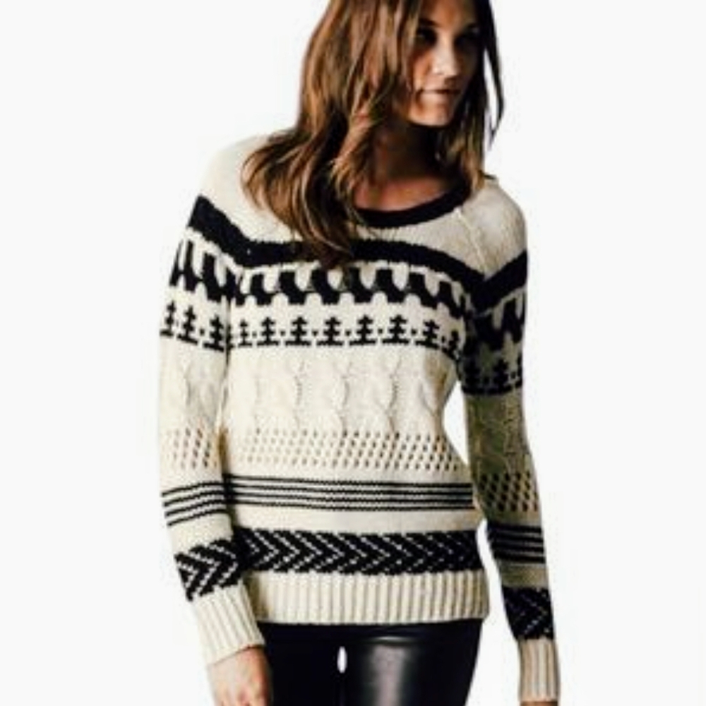 American Eagle Outfitters Wool Blend Black and White Cable-Knit Sweater …